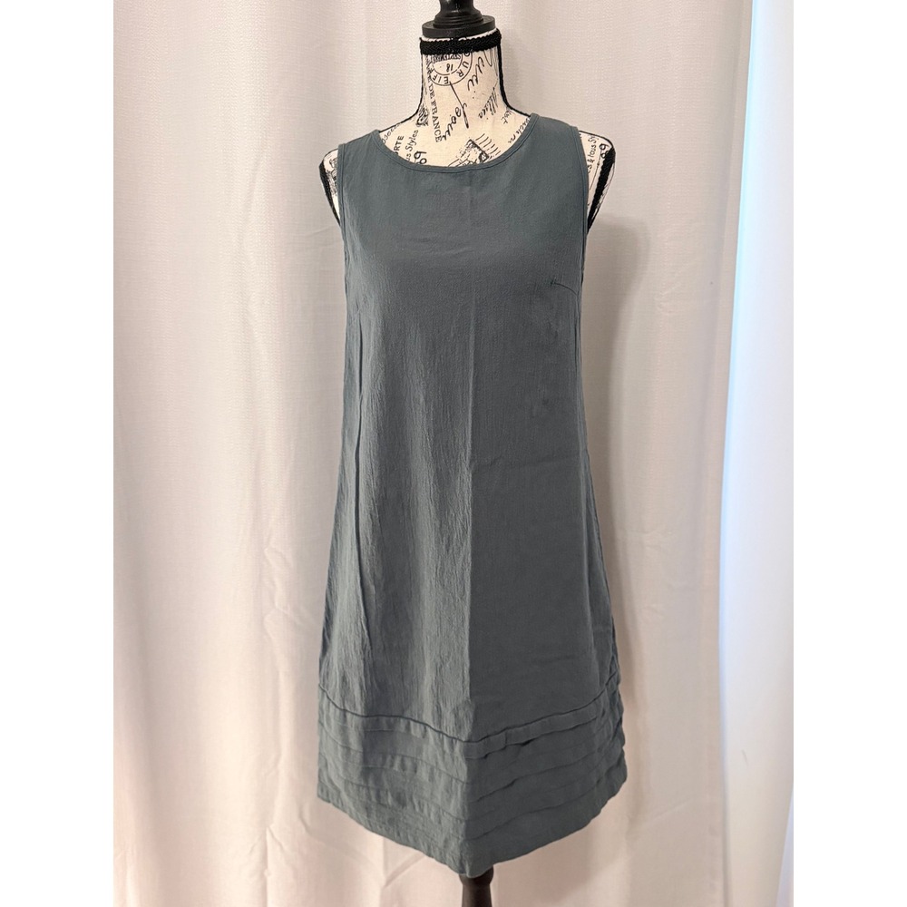 Emery Rose Sleeveless Shift Dress Slate Blue Green Pleated Hem Small